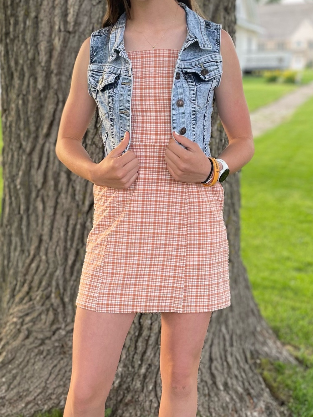 ‘Midnight Doll’ Coral Gingham Square-Neck Mini Dress